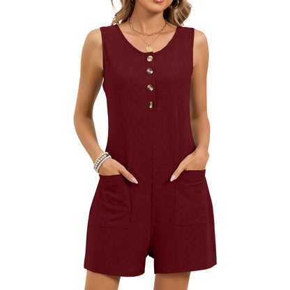 Textured Button Tank Romper Sleeveless Pocket Lounge Set