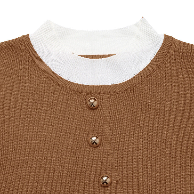 Color Block Mock Neck Knit Sweater with Button Detail