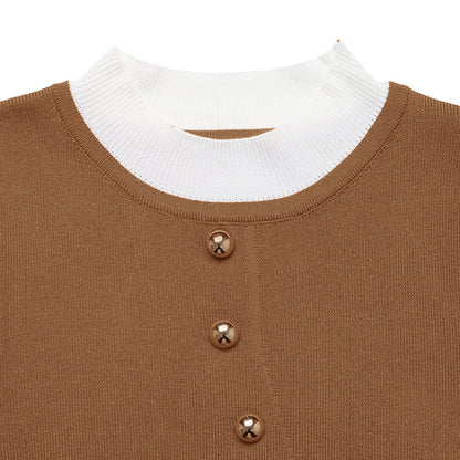 Color Block Mock Neck Knit Sweater with Button Detail