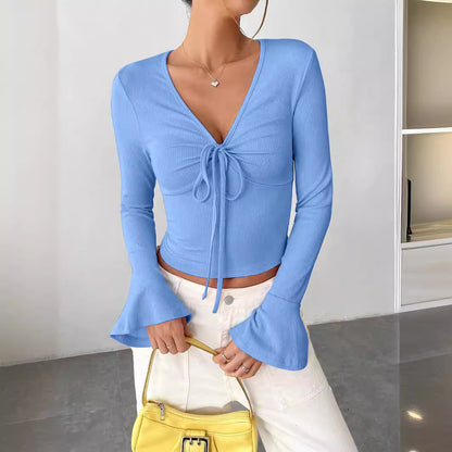 Women's Sexy Tie Front V Neck Bell Sleeve Crop Top