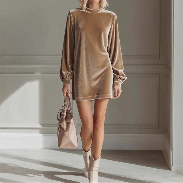 Elegant Crushed Velvet Mini Dress Long Sleeve Crew Neck