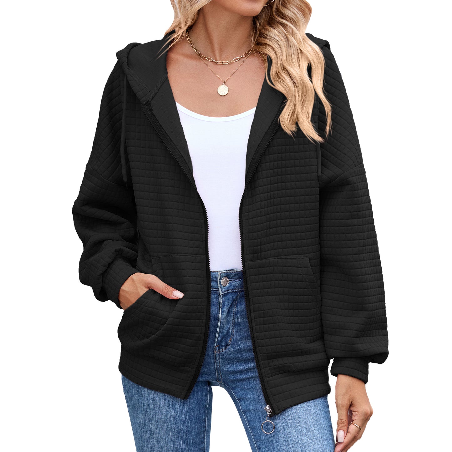 Quilted Zip Up Hooded Jacket Hoodie with Pockets