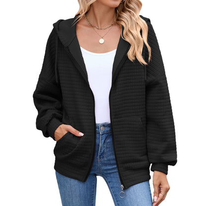 Quilted Zip Up Hooded Jacket Hoodie with Pockets