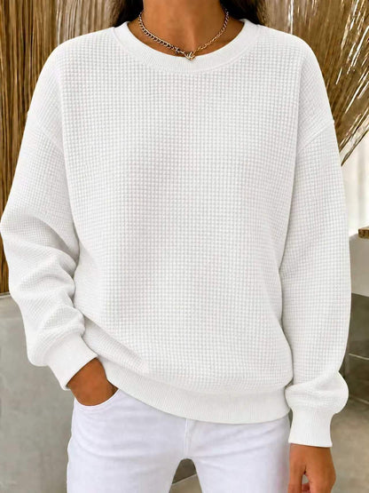 Women's Waffle Knit Oversized Crew Neck Long Sleeve Top