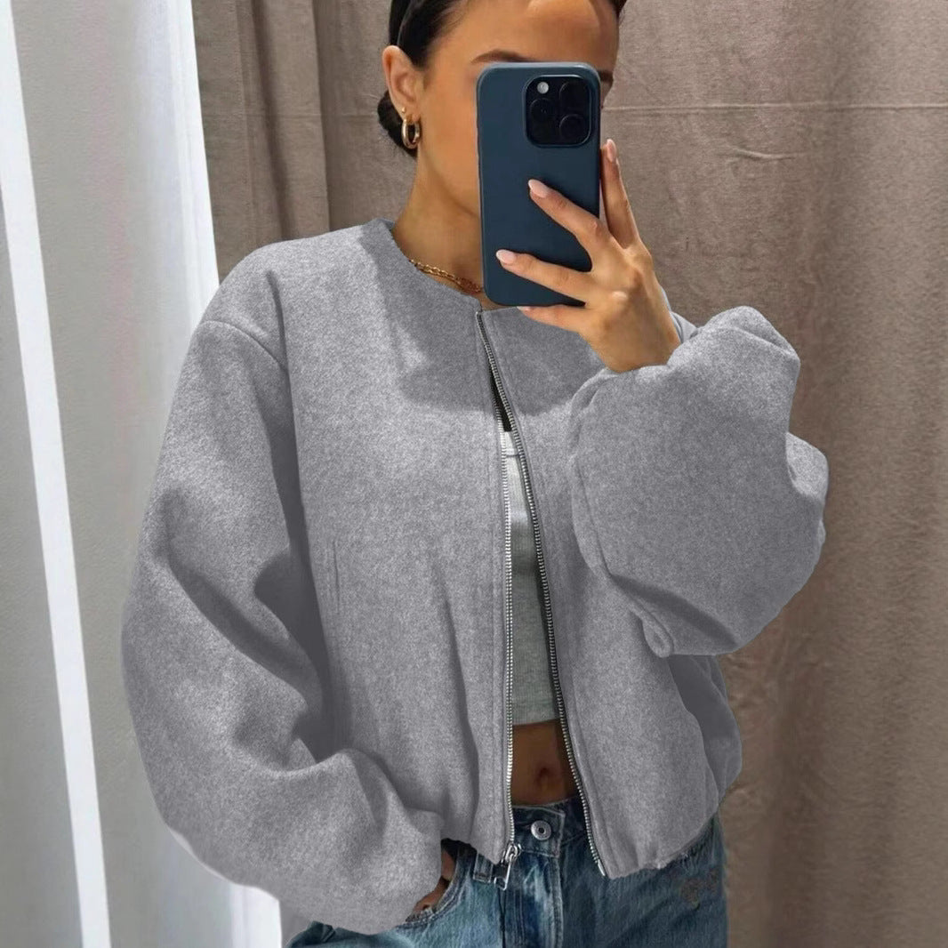 Women's Zip Up Bomber Jacket Lantern Sleeve Streetwear