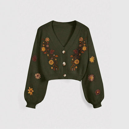 Vintage Floral Embroidered V-Neck Balloon Sleeve Cardigan