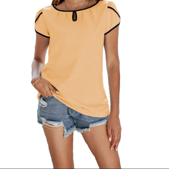 Women Chiffon Blouse Short Sleeve Contrast Trim Keyhole Top