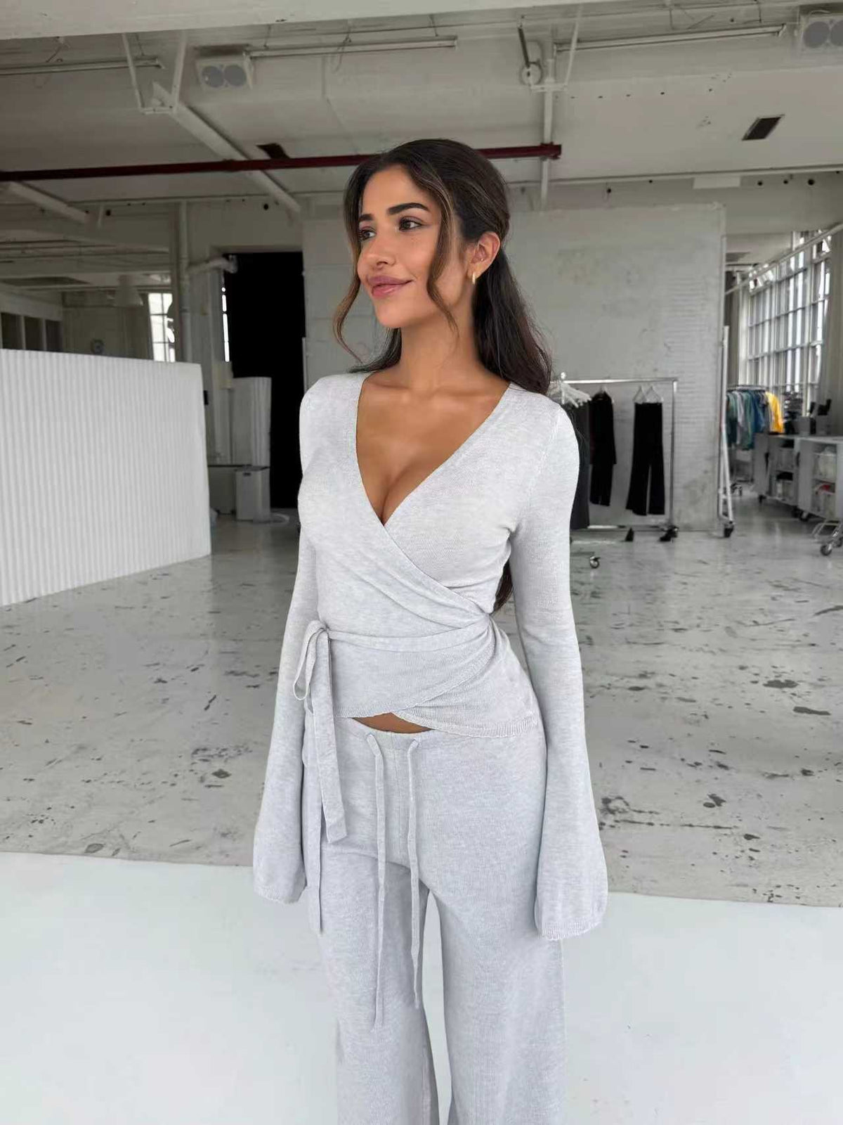 Women's Two Piece Bell Sleeve Wrap Top Wide Leg Pants Set