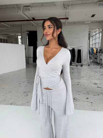 Women's Two Piece Bell Sleeve Wrap Top Wide Leg Pants Set