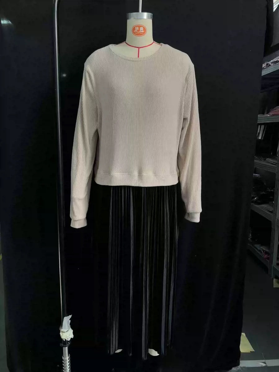 Women's Colorblock Ribbed Pleated Maxi Dress Long Sleeve
