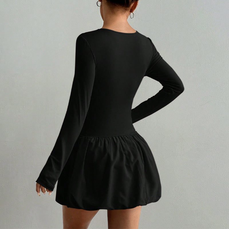 Long Sleeve Fitted Bubble Dress Ruched Waist Mini