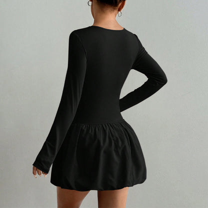 Long Sleeve Fitted Bubble Dress Ruched Waist Mini