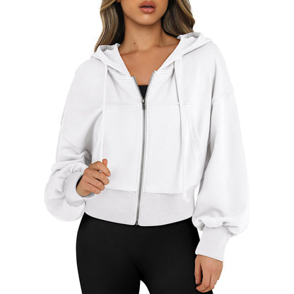 Women's Oversized Cropped Zip Up Hoodie Fleece Jacket