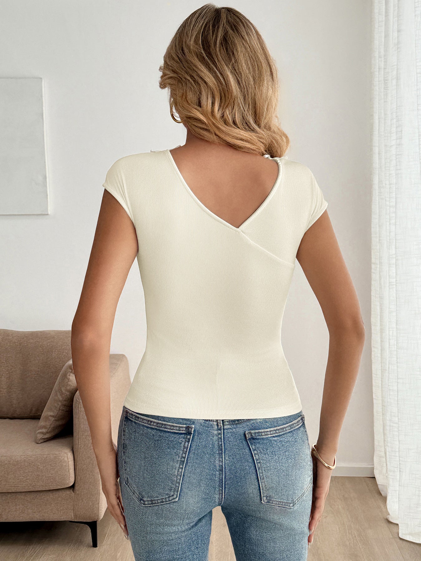 Beige Bow Detail Ribbed Knit Short Sleeve Sweater Top