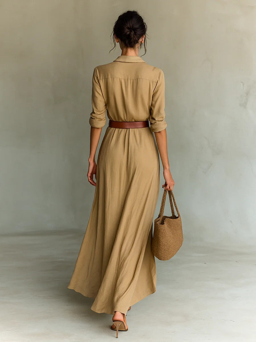 Belted Ruched Maxi Shirt Dress Long Sleeve V-Neck