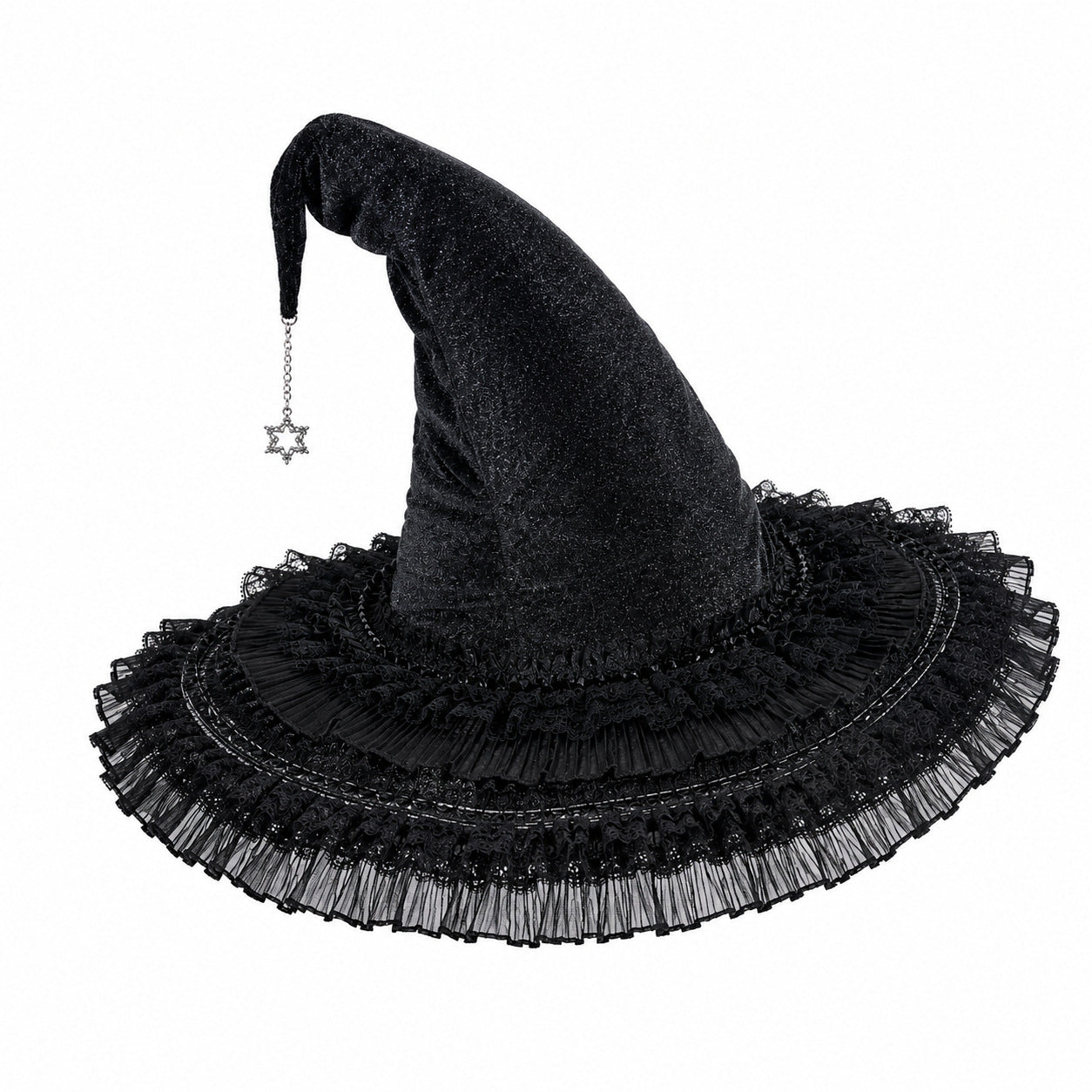 Gothic Velvet Witch Hat with Lace Brim and Satin Bow