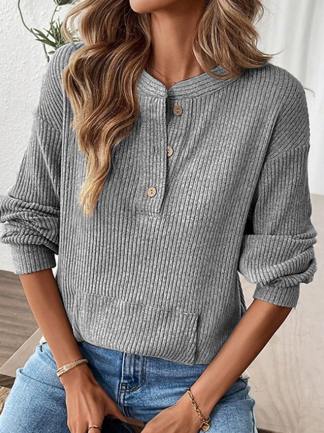 Women's Oversized Ribbed Henley Long Sleeve Top