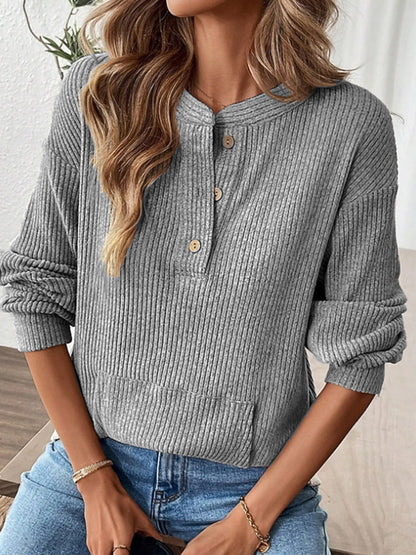 Women's Oversized Ribbed Henley Long Sleeve Top