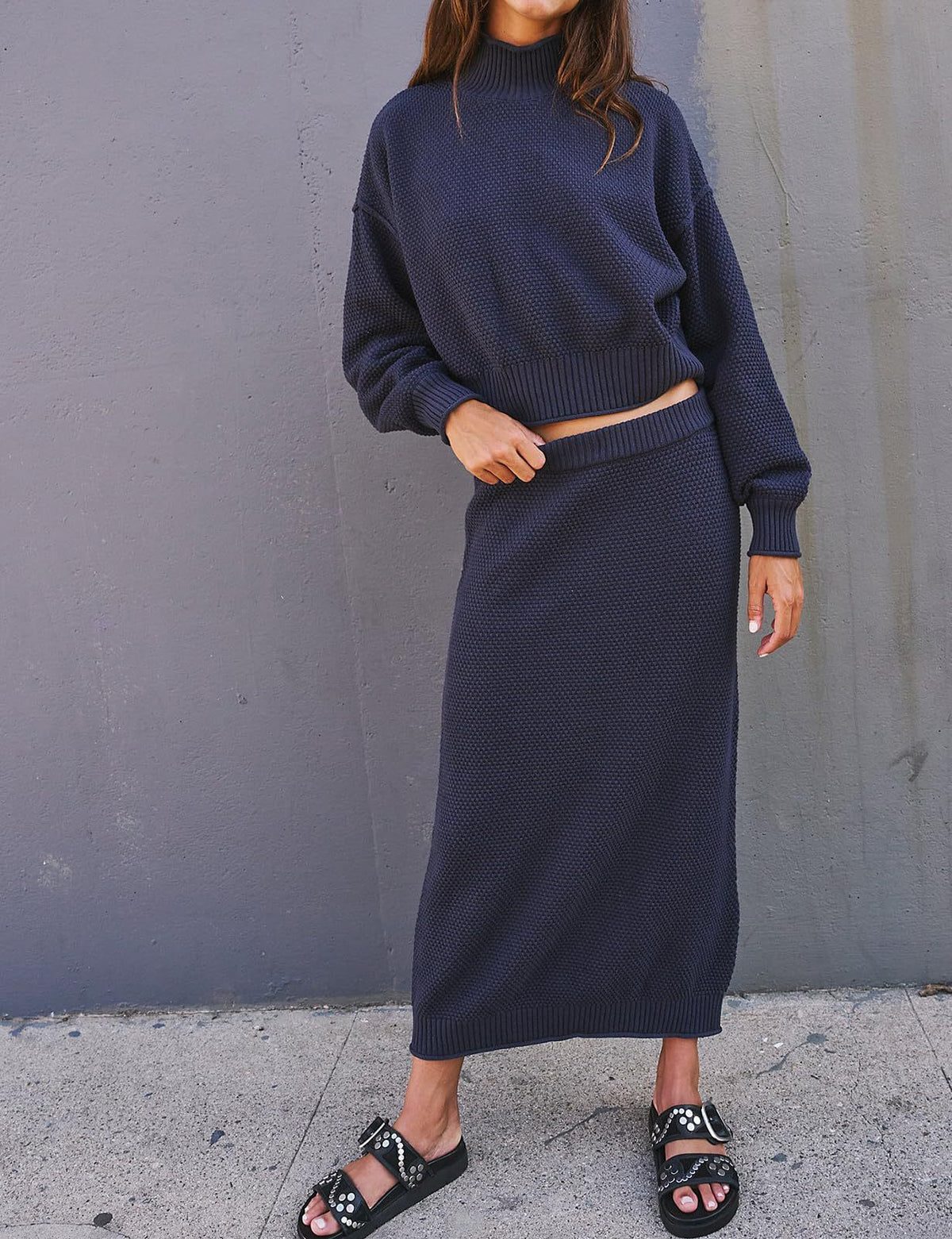 Women's Knit Two Piece Set Mock Neck Sweater Midi Skirt