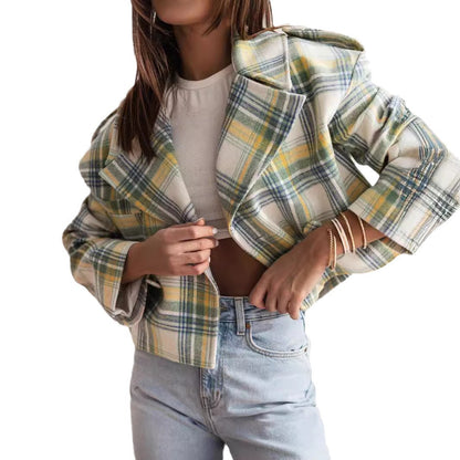 Women's Cropped Plaid Double Breasted Blazer