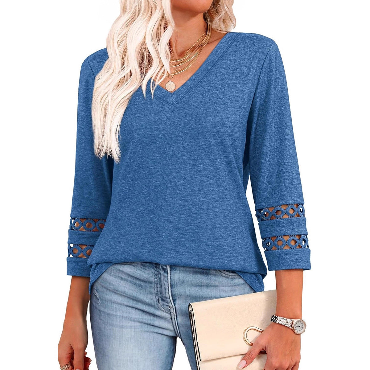 Women's V Neck 3/4 Sleeve Crochet Trim Loose Casual Blouse