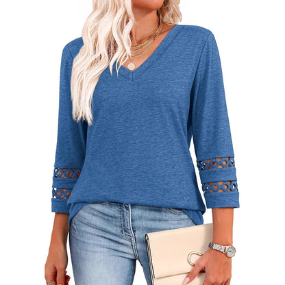 Women's V Neck 3/4 Sleeve Crochet Trim Loose Casual Blouse