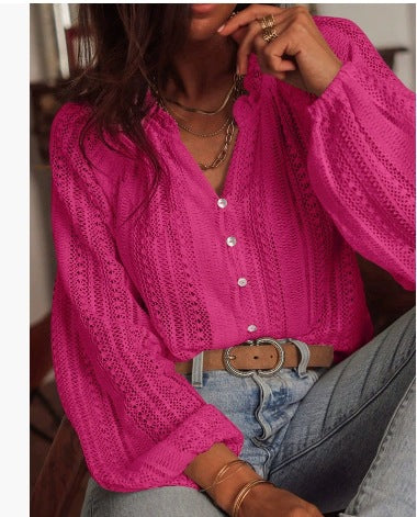 Women's Crochet Balloon Sleeve V Neck Blouse