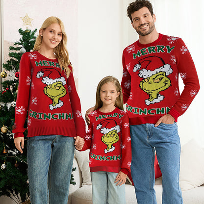 Family Matching Grinch Christmas Sweaters Red Knit Pullover