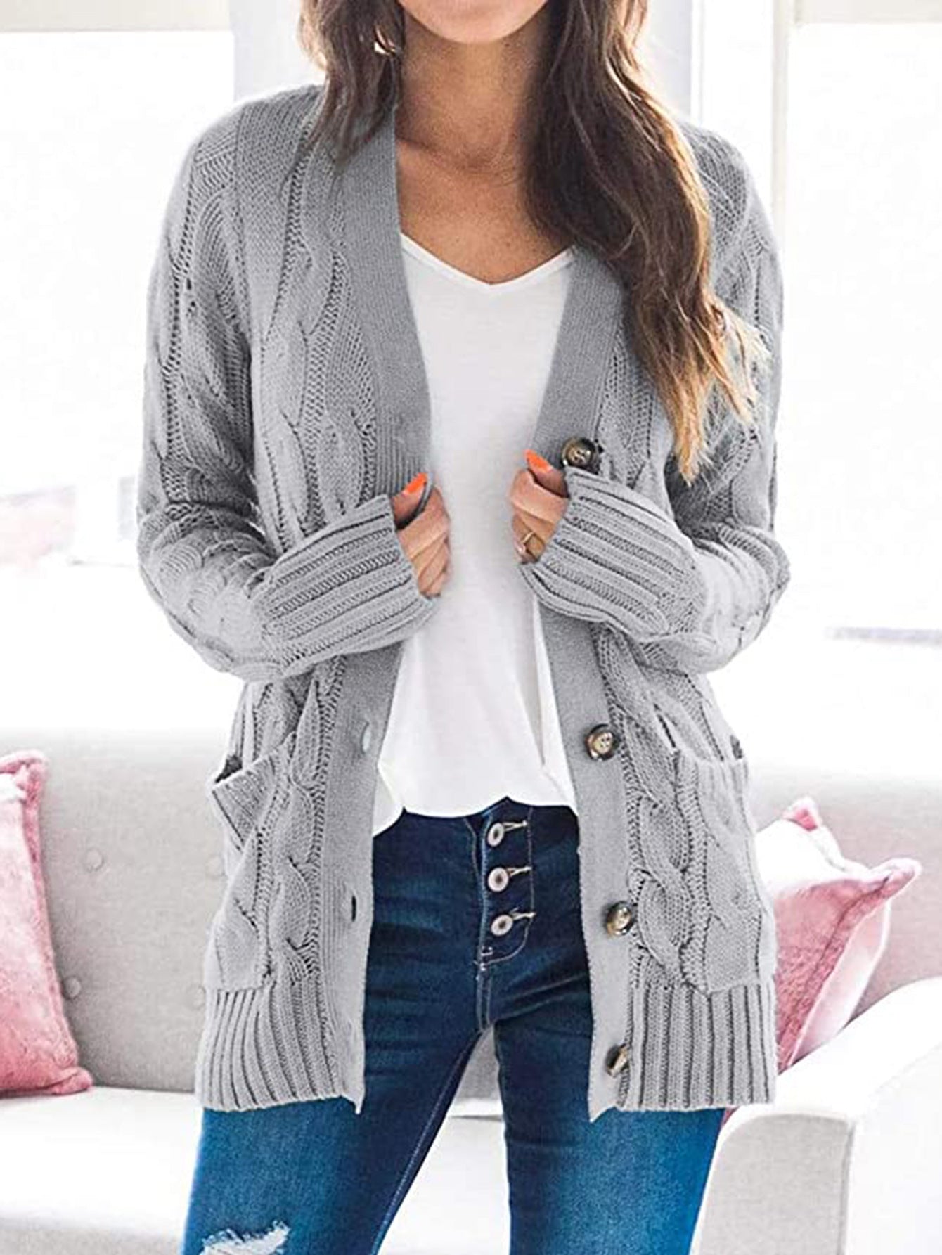 Womens Chunky Cable Knit Button Cardigan Sweater Pockets