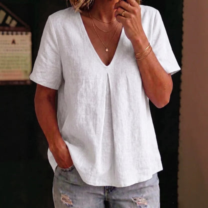 Women's Cotton Linen V-Neck Short Sleeve Casual Summer Top