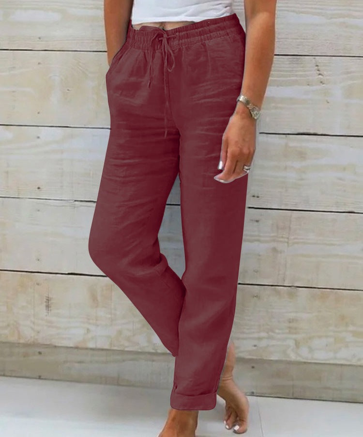 Women's Cotton Linen Drawstring Wide Leg Casual Pants