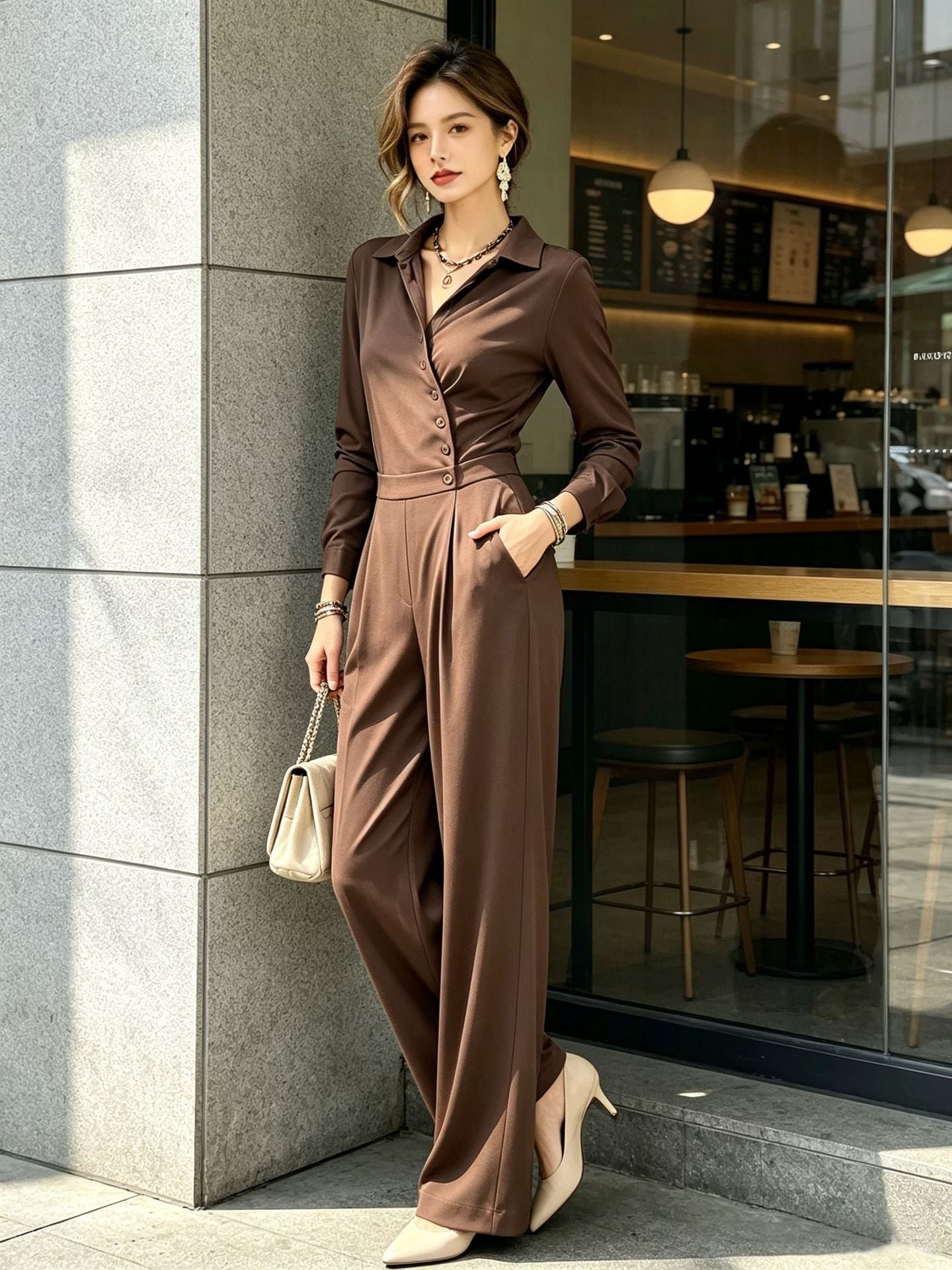 Elegant Minimalist High Waist Wide Leg Long Sleeve Jumpsuit
