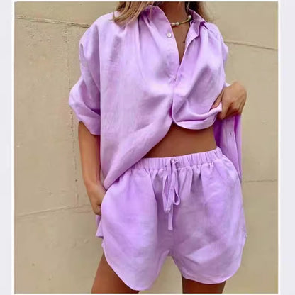 Women's Button Down Shirt & Shorts Matching Set