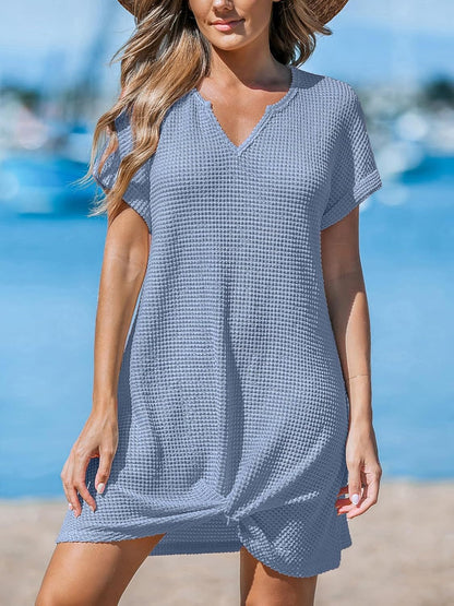 Waffle Knit V-Neck Short Sleeve Beach Cover Up Dress
