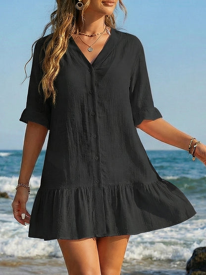 V-Neck Ruffle Button-Front Beach Cover Up Dress