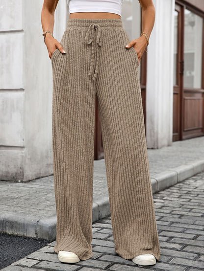 Women Ribbed Wide Leg Pants Drawstring Elastic Waist
