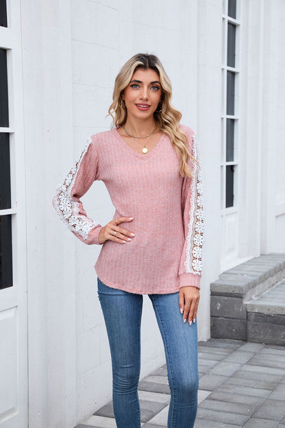 Women's V Neck Lace Long Sleeve Tunic Top