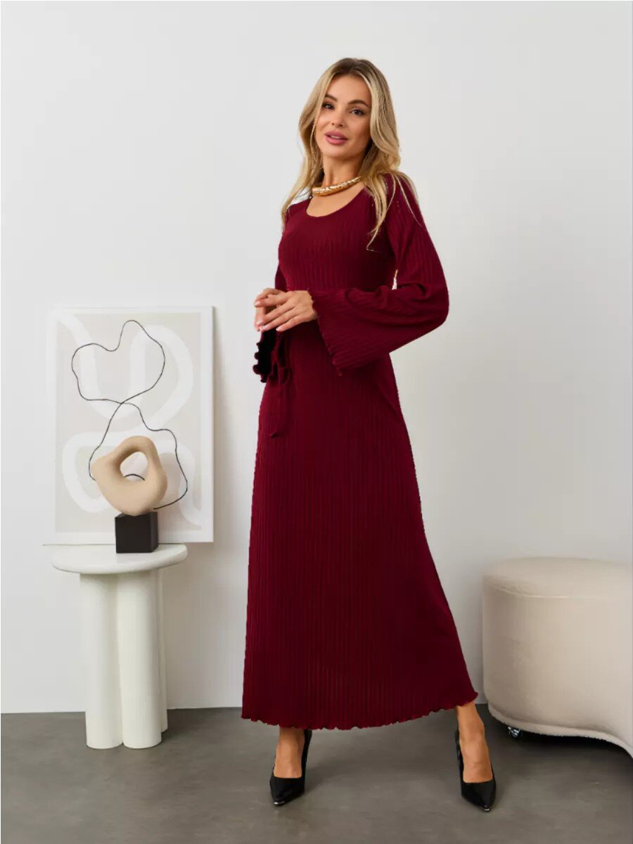 Women's Ribbed U Neck Flare Sleeve Tie Back Maxi Dress