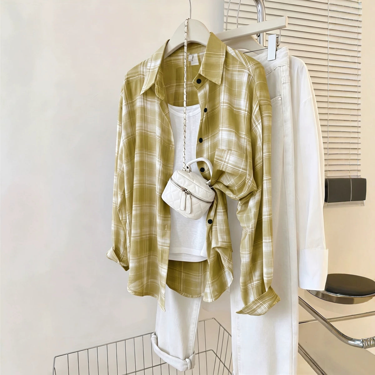 Women's Oversized Sheer Plaid Shirt Lightweight Long Sleeve