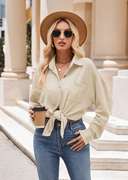 Women’s Casual Loose Fit Button Down Waffle Knit Shirt Jacket