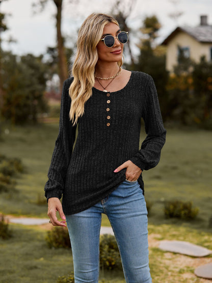 Ribbed Button Front Long Sleeve Knit Top for Women