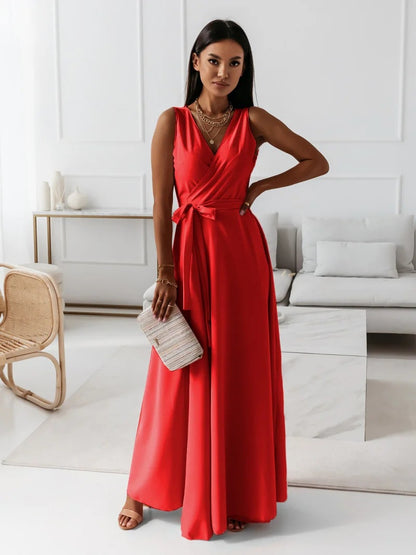 Women's Sleeveless V-Neck Belted A-Line Maxi Dress
