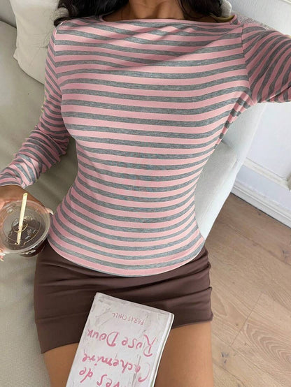 Striped Cotton Blend Long Sleeve Fitted Casual Tee