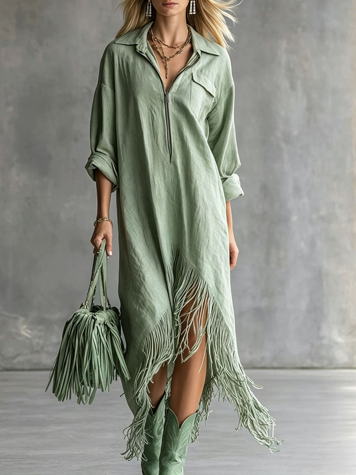 Women's Western Fringe Shirt Dress Asymmetrical Midi Boho