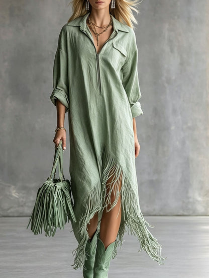 Women's Western Fringe Shirt Dress Asymmetrical Midi Boho