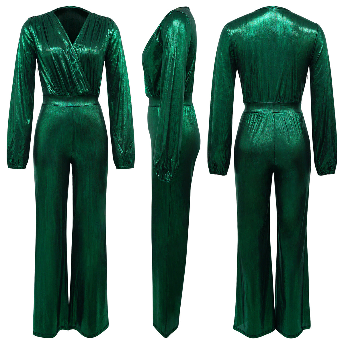Sexy Metallic V-Neck Long Sleeve Flare Jumpsuit