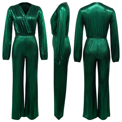 Sexy Metallic V-Neck Long Sleeve Flare Jumpsuit