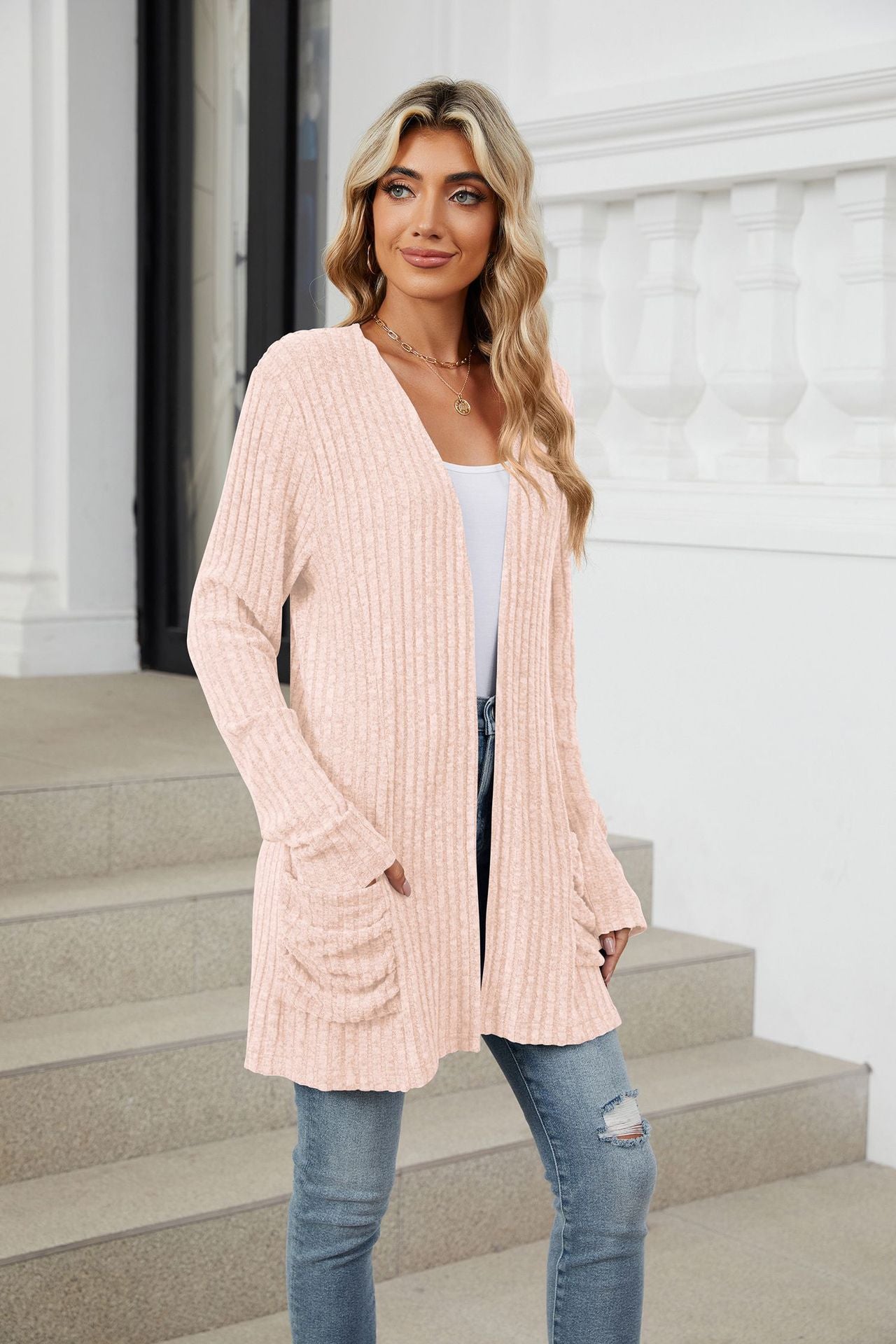 Simple Pocketed Long Sleeve Cardigan Knit Top