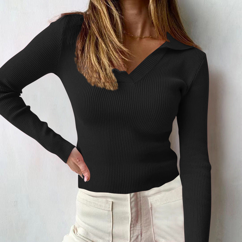 Women's Ribbed Collared V-Neck Long Sleeve Fitted Top