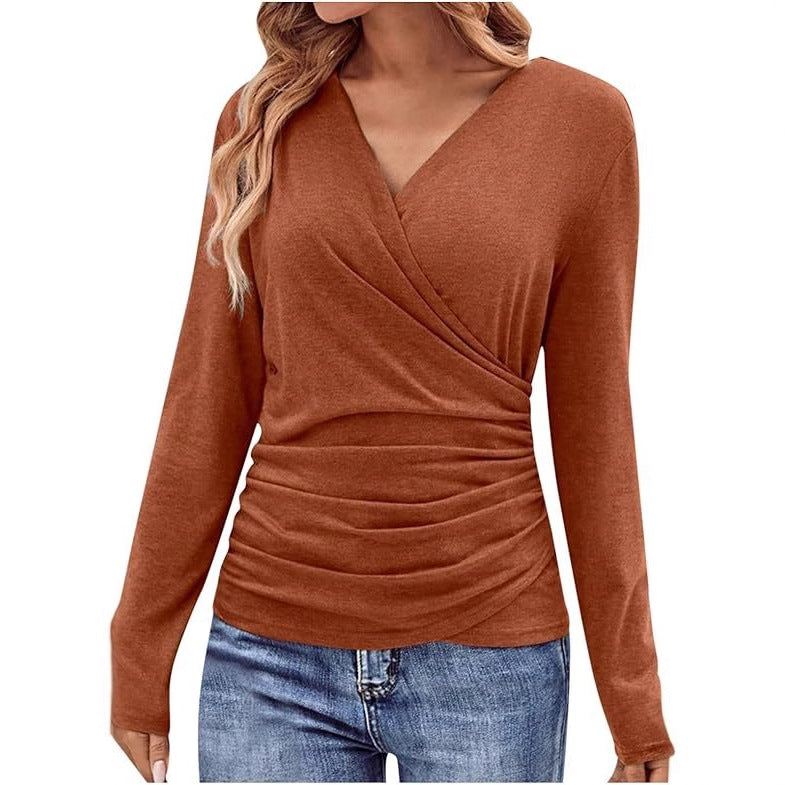 Women's Wrap V-Neck Long Sleeve Ruched Knit Top